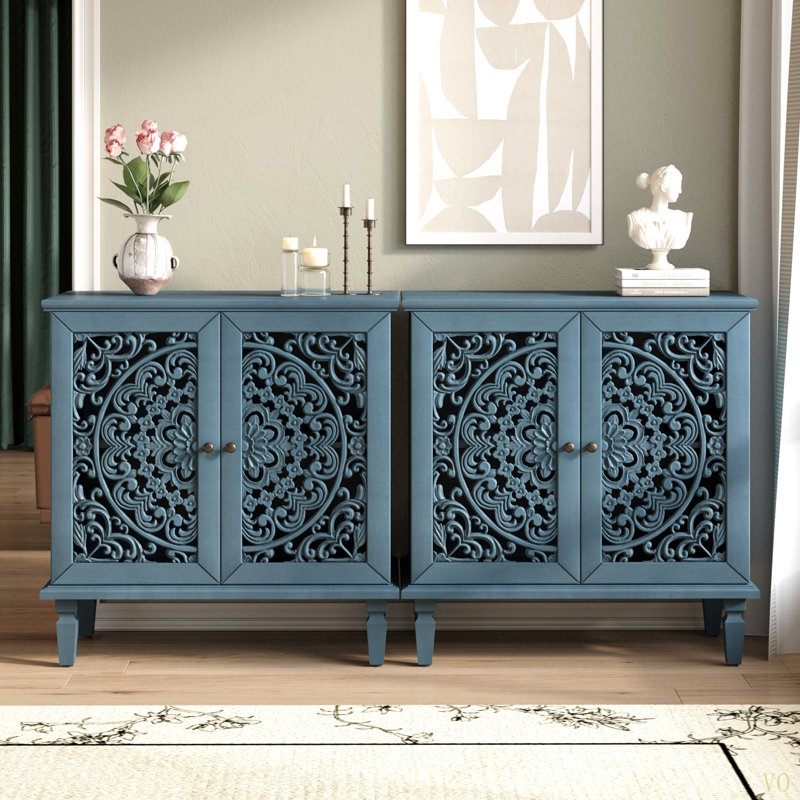 Vintage Hollow-Carved Accent Cabinet, 2-Door Display Storage Sideboard With Symmetrical Floral Design, Adjustable Shelf And Solid Wood Legs For Living Room Entryway