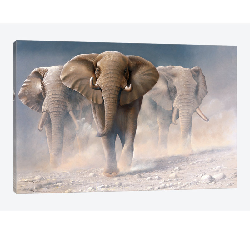 «Run Elephants I», impression sur toile, H 26 po x l 40 po x P 1,5 po, Pas de tapis, Toile tendue