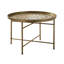 Table d'appoint ronde à motif martelé, 61 cm de diamètre x 40 cm de hauteur, métal, monobloc, finition brossée dorée, pieds réglables, fabrication artisanale.