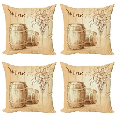 Ambesonne Wine Decorative Throw Pillow Case Pack Of 4, Wooden Barrels And Bunch Of Grapes On Wood Backdrop Botany Harvest Theme Art, Cushion Cover For -  micfour_38301_16x16