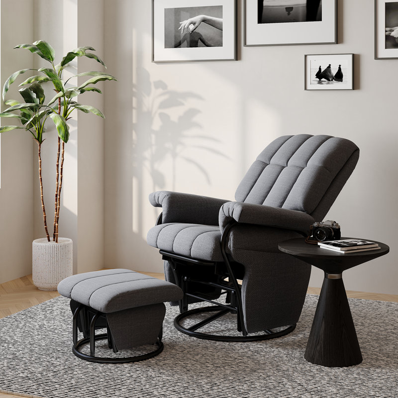 360°Swivel Glider Rocking Recliner Chair With Ottoman, Gray Linen