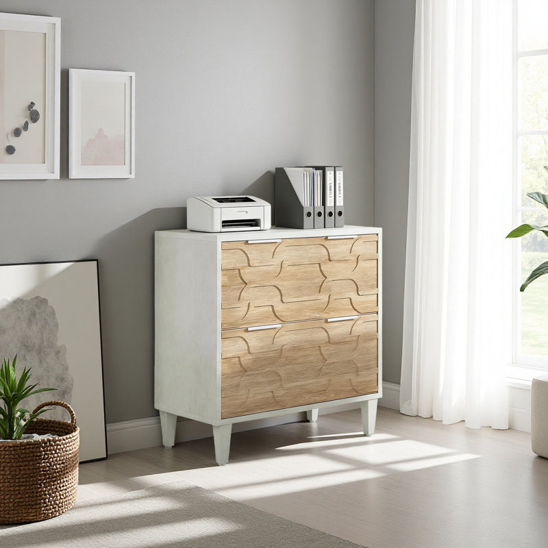 Classeur 2 tiroirs, armoire de rangement spacieuse, Blanc/noyer