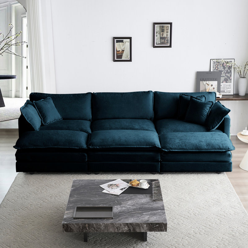 Confortable en forme de U avec 3 repose-pieds et 2 coussins d'accoudoir en chenille bleue réversible de taille spacieuse