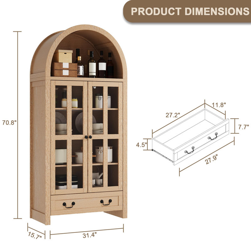 Armoire de cuisine 70 po H 70 po, armoires de rangement avec tablettes réglables et tiroirs, Naturel