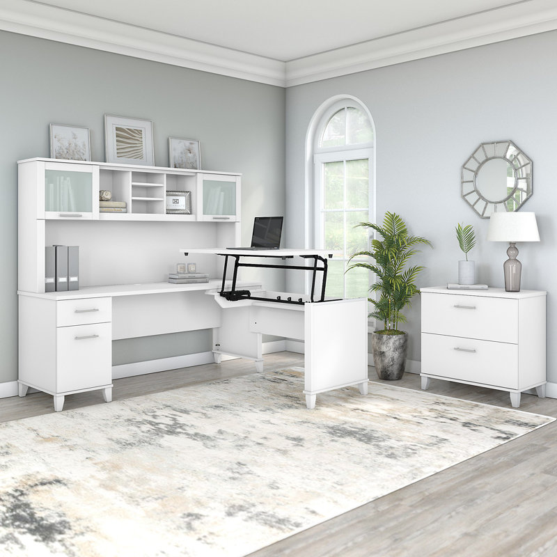 Bureau debout en L avec rehausse Magomed, Blanc