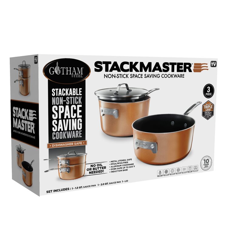 Gotham Steel gotham steel stackmaster pots & pans set - stackable 10 piece cookware  set saves 30% space, ultra nonstick cast texture coati