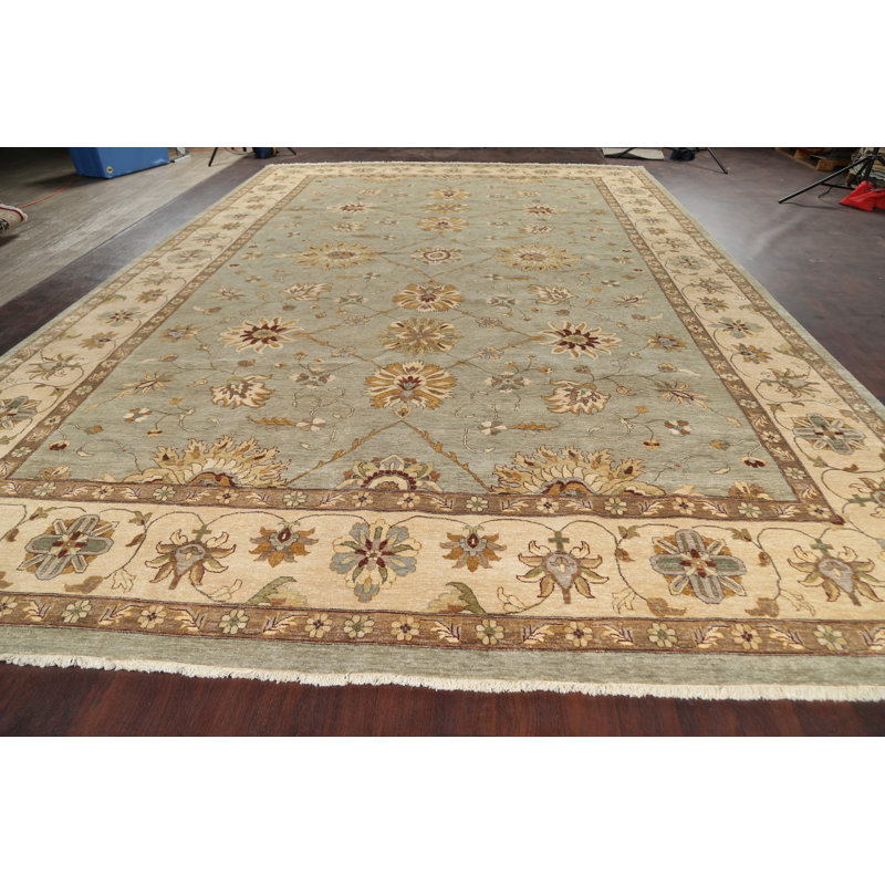 Tapis gris en laine noué à la main de conception unique 12 pi 0 po x 17 pi 10 po