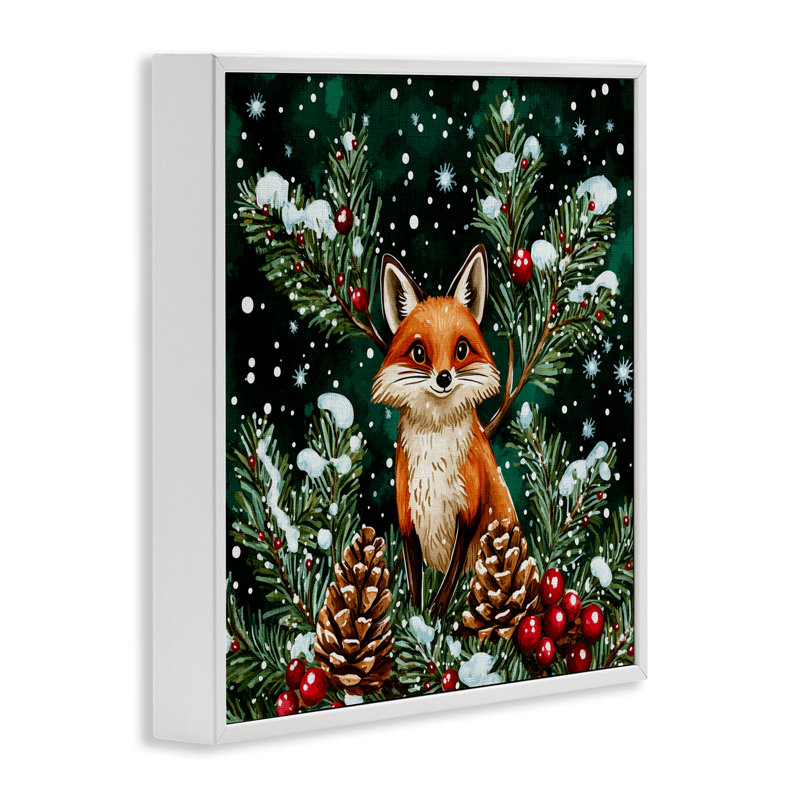 Giclée encadrée de renard d'hiver et de pommes de pin, design par Yen, H 12 po x l 12 po
