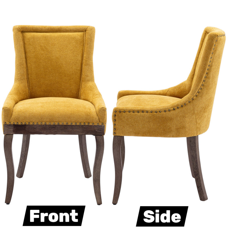 Thickened Fabric Upholstered Wooden Nailhead Dining Chair, Yellow, 2, Brown