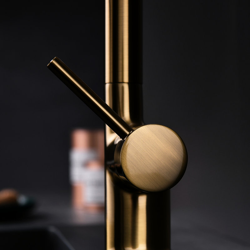 Contemporary Gold Kitchen Faucet With Pull Down Segment, Single Handle Lever, 360 Rotation, High Arch Spout, Ceramic Filler, Brass Commercial Unit,