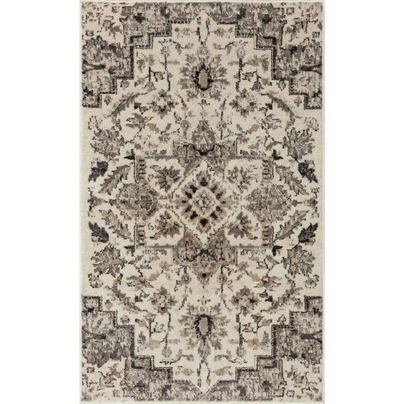 Tapis gris à motif floral médaillon Manoel, Rectangle 3 pi 11 po x 6 pi