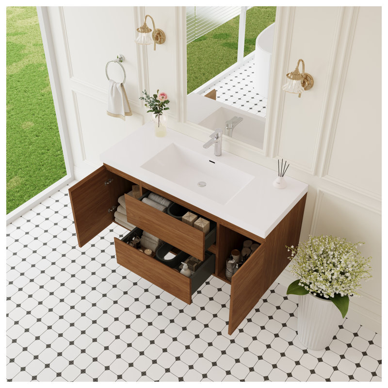 Meuble-lavabo mural de 48 po avec comptoir en surface solide, armoire en bois de noyer doré miel avec tiroirs à fermeture douce