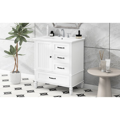 Meuble-lavabo 30 po avec lavabo, 3 tiroirs et poignées en métal, blanc