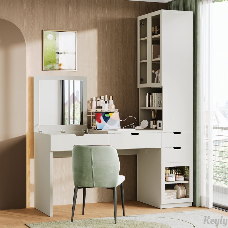Makeup Vanity Desk with Mirror and Charging Station