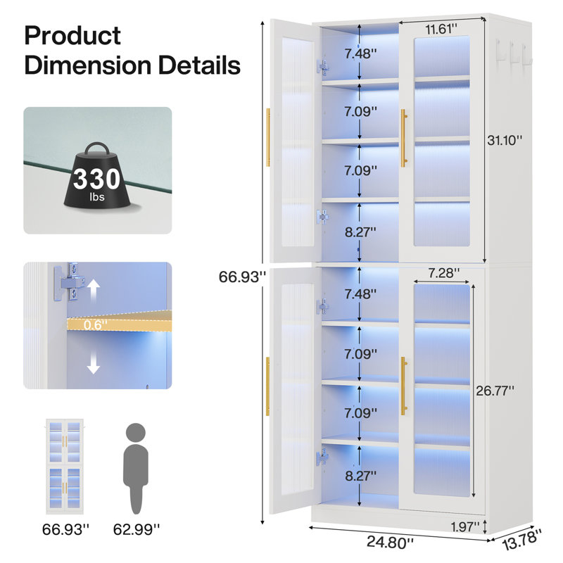 67" Tall White Bookcase With Doors, LED & 8 Adjustable Shelves Storage Cabinet For Living Room, Office, Bedroom, White