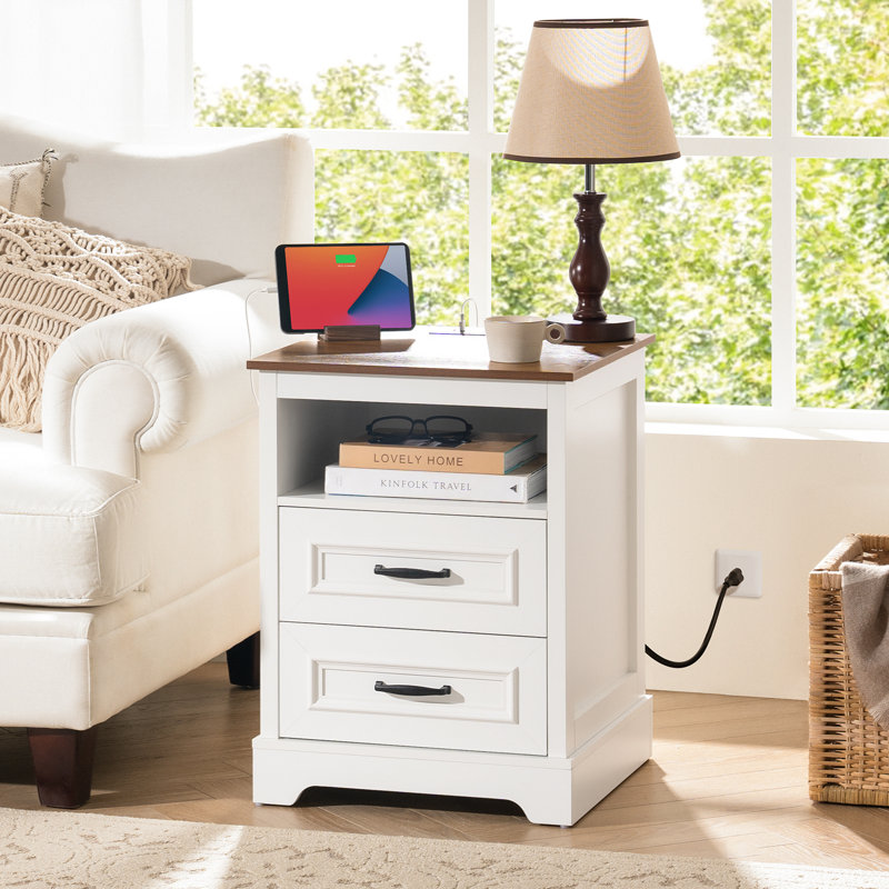 18" Farmhouse Night Stand With Charger Station, Wood Nightstand With Drawers, Bedside Table Nightstands With Storage Shelf, Rustic Side Table End Table, Night Stands For Bedroom Living Room