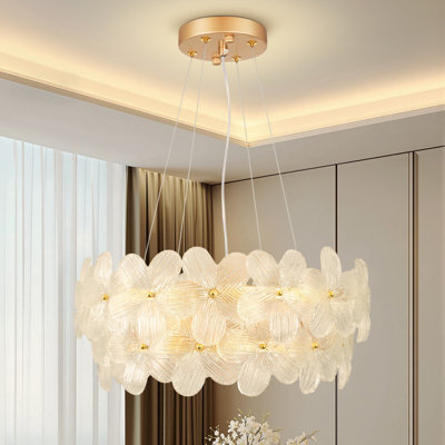 Modern Gold Circular Chandelier with Textured Glass Flower Shades – 6-Light Pendant Lighting for Bedroom, Living Room & Dining Room