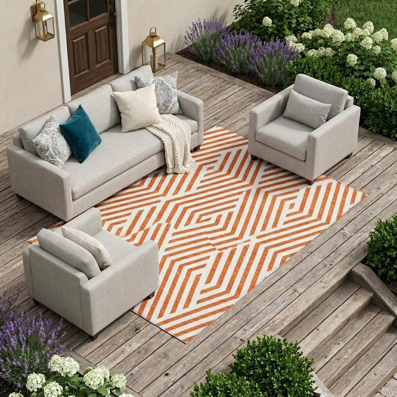 Tapis extérieur lavable antidérapant à motif géométrique orange et blanc 8 pi x 10 pi