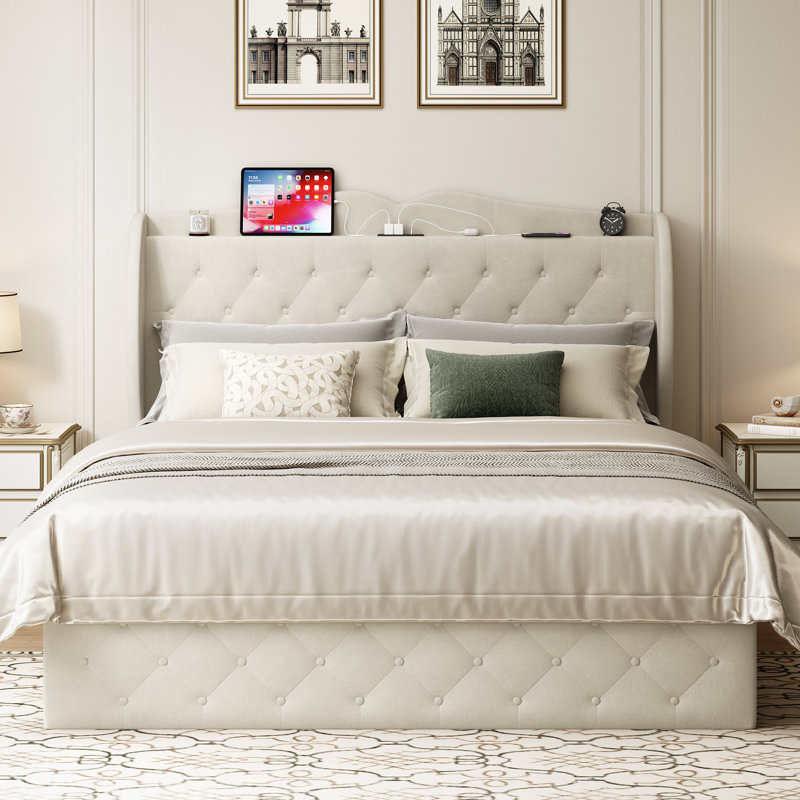 48.4'' Upholstered Bed with 4 Drawers, Bed with Storage Headboard and Charging Station, Queen