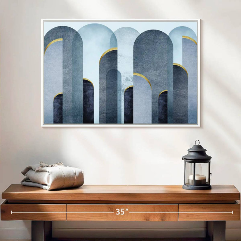 Arches bleu Mid-Century, Cadre flottant blanc, 25 po x 17 po