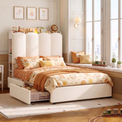 Structure de lit tapissier à DEL pour enfants avec tiroir de rangement, lit plateforme Princess avec tête de lit réglable, taille simple