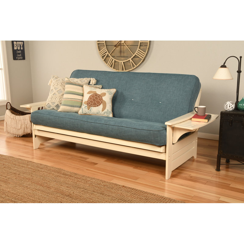 Johnte 82'' Wide Full Futon And Mattress, Antique White, Linen Aqua Microsuede, Premium Pocket Coil