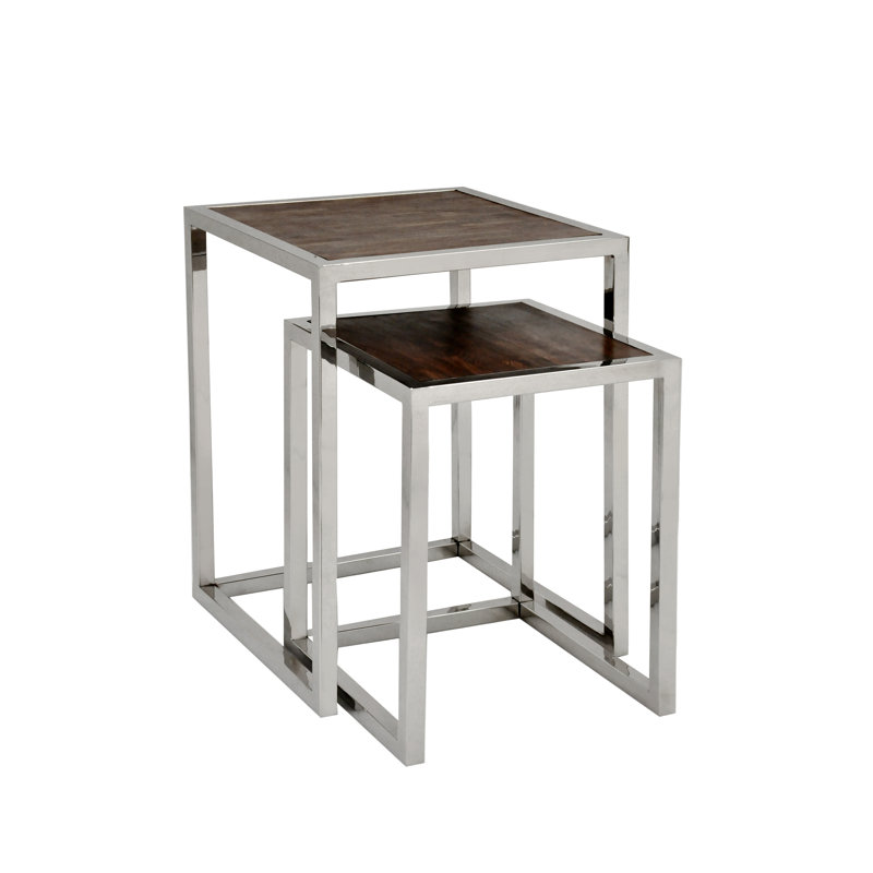 Marcello Recycled Metal & Wood Nesting Table Set of 2 – Industrial Accent Tables with Solid Wood Tops 