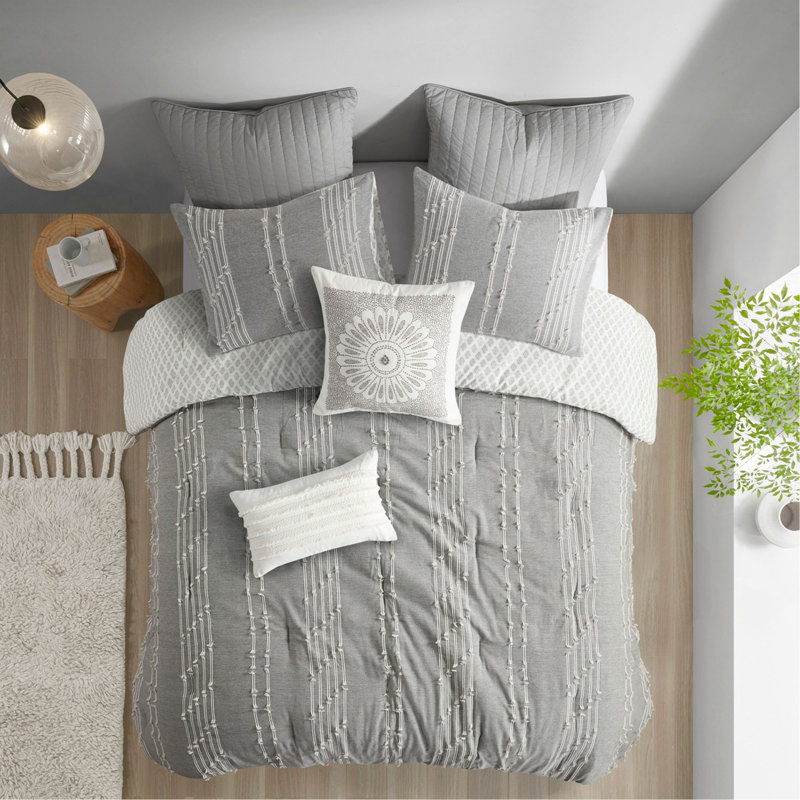 Ensemble d'édredon en jacquard de coton 3 pièces gris, Gris
