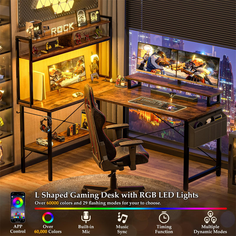 L-Shaped Metal Base Computer Desk with Power Outlet
