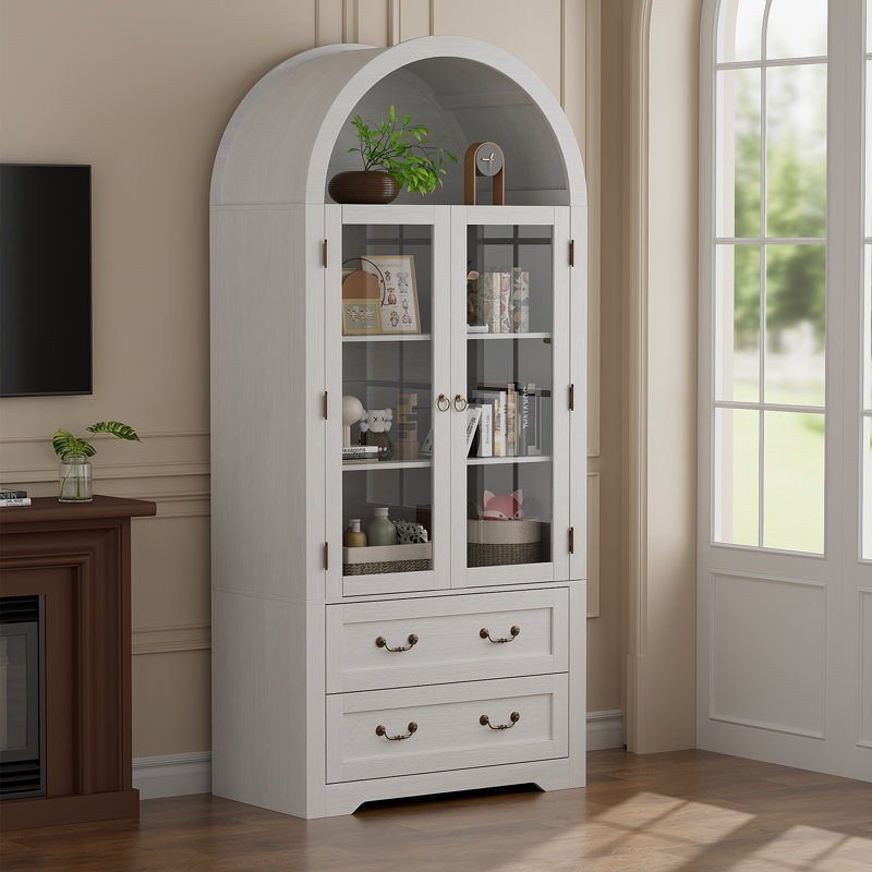 Vaisselier de 71 po de hauteur, armoire de rangement arquée pour salle à manger, avec portes en verre et tablettes réglables