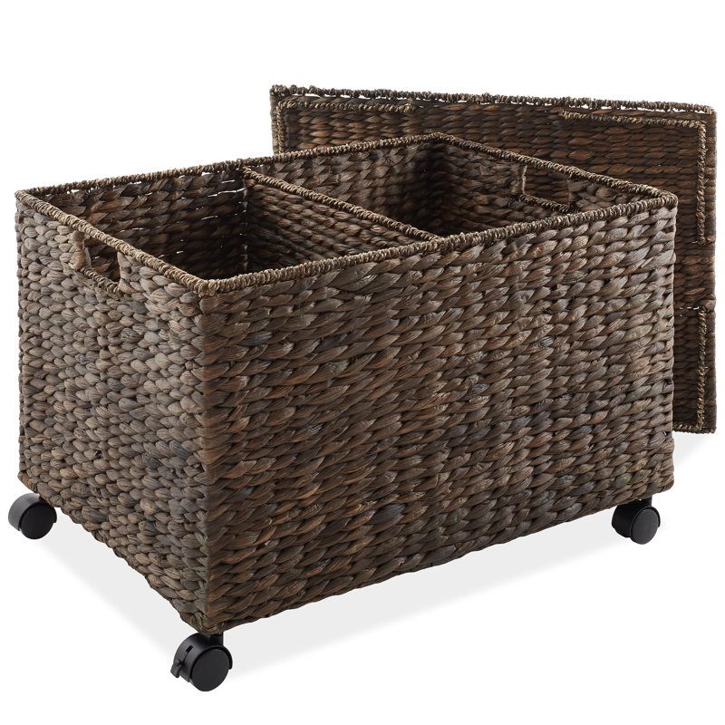 Casafield Water Hyacinth 2-Section Rolling Storage Basket with Lid, Dark Brown