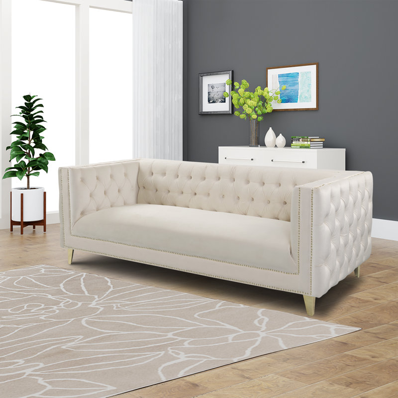 Arnav luxe Velvet Sofa, 86" Wide,  Solid Construction, Fully Assembled, Cream Velvet
