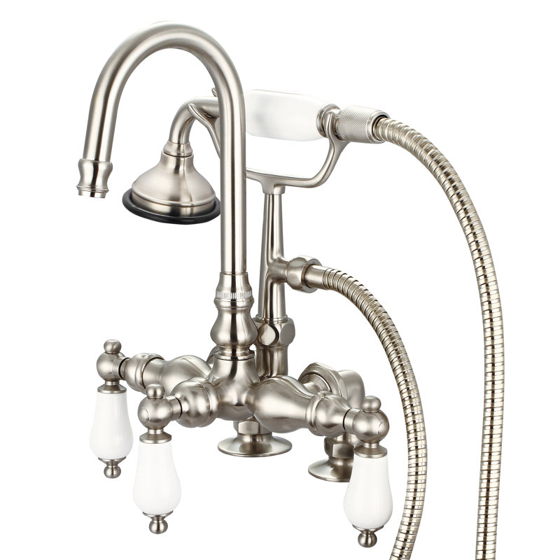 3 Handle Deck Clawfoot Tub Faucet, Porcelain Lever Handles, Polished Nickel