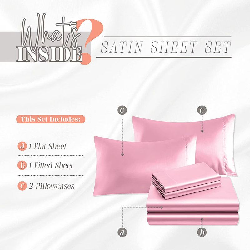 Elegant Comfort Luxurious 4-Piece Silky Satin Sheet Set, Skin And Hair Friendly, Wrinkle, Fade, Stain Resistant With Deep Pockets Fitted Sheet, Cooling Soft Satin Sheet Set