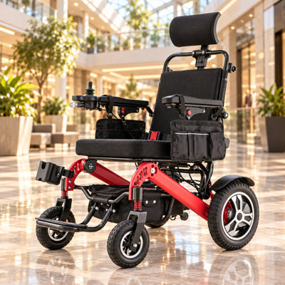 Fauteuil roulant électrique pliable en aluminium rouge et noir de 116 cm de hauteur, avec auvent de pluie et éclairage.