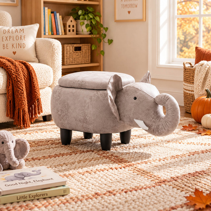 Pouf de rangement éléphant avec compartiment caché et tissu doux imitation cuir