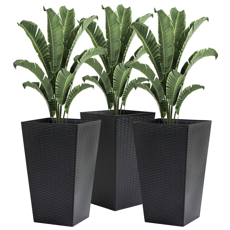 Set Of 3 Tall Planters With Drainage Hole, Outdoor Flower Pots, Indoor Planters, Black