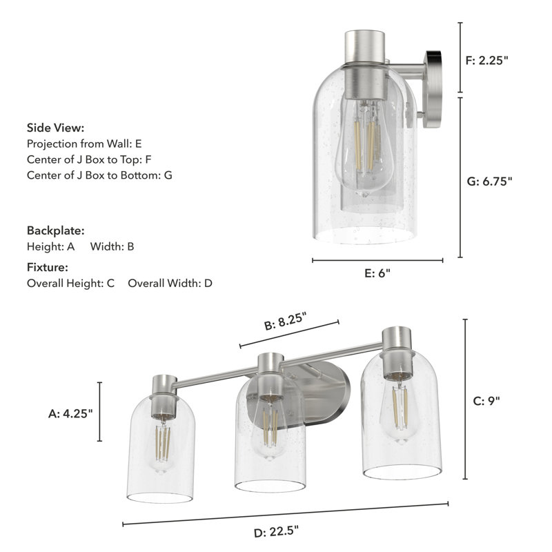 Hunter Lochemeade 3 Light Vanity Wall Light Fixture, Brushed Nickel, Clear
