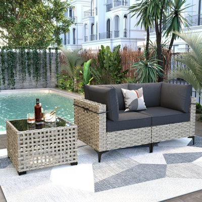 Emroy Wicker/Rattan 2 - Person Seating Group With Lighted Coffee Table and Cushions