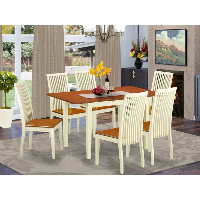 Ensemble de salle à manger 7 pièces composé d'une table de salle à manger rectangulaire avec feuille papillon et 6 chaises de cuisine, 32 po x 54 po, babeurre et cerise