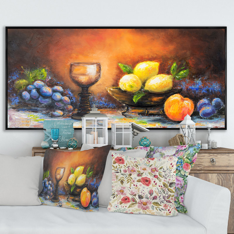 Nature morte, vin et fruit - Peinture sur toile, Cadre noir, H 16 po x l 32 po x P 1 po