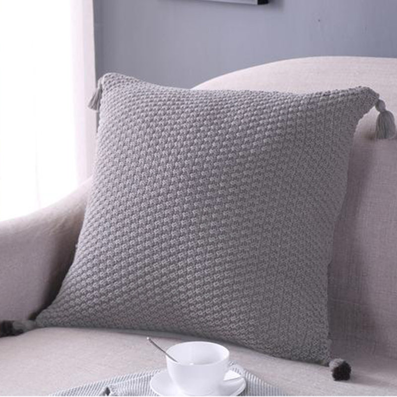  Pack of 1 Square Knitted Tassels Corner Full Set Of Throw Pillow with insert 18"x18", Gray, Throw Pillow