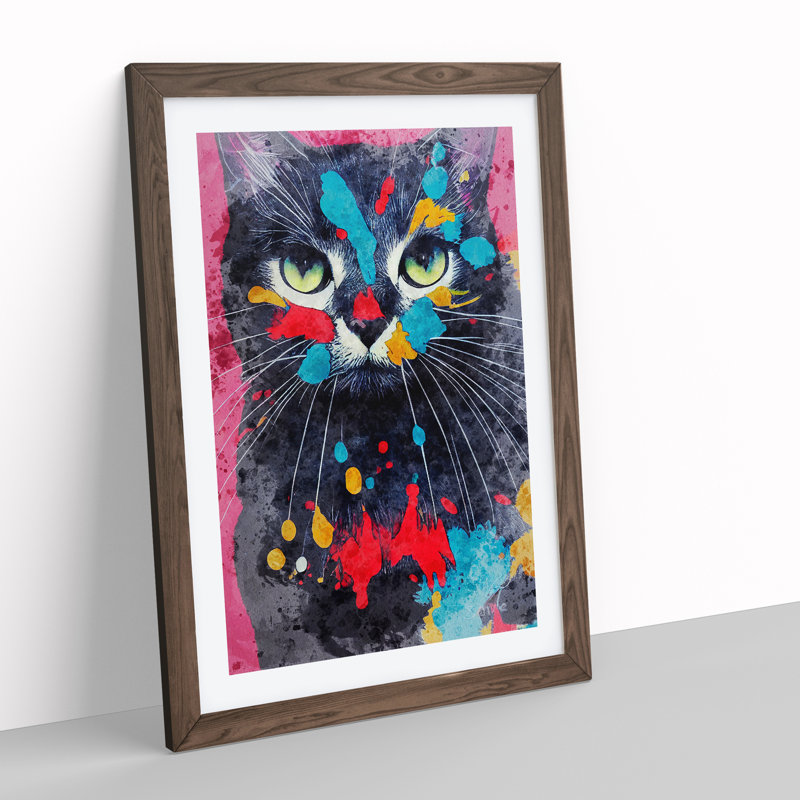 Catt Paint Splash No.2 - Wall Art, 66cm H x 48cm W x 2cm D, Walnut Framed, White