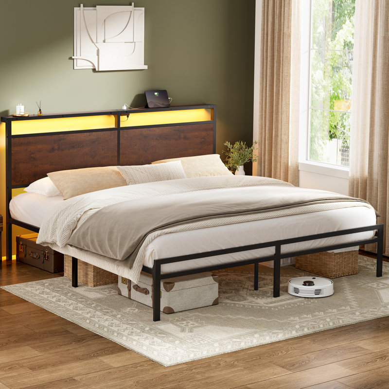 Antioch Metal Platform Bed with LED Light and Charging Station, King, Brown