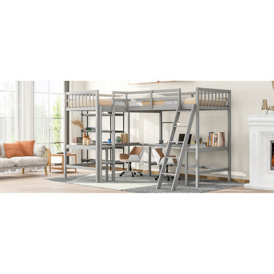 Lit mezzanine simple gris en L avec 2 bureaux encastrés, bureau en bois avec espace de travail spacieux pour lit simple et bureaux intégrés Opulence
