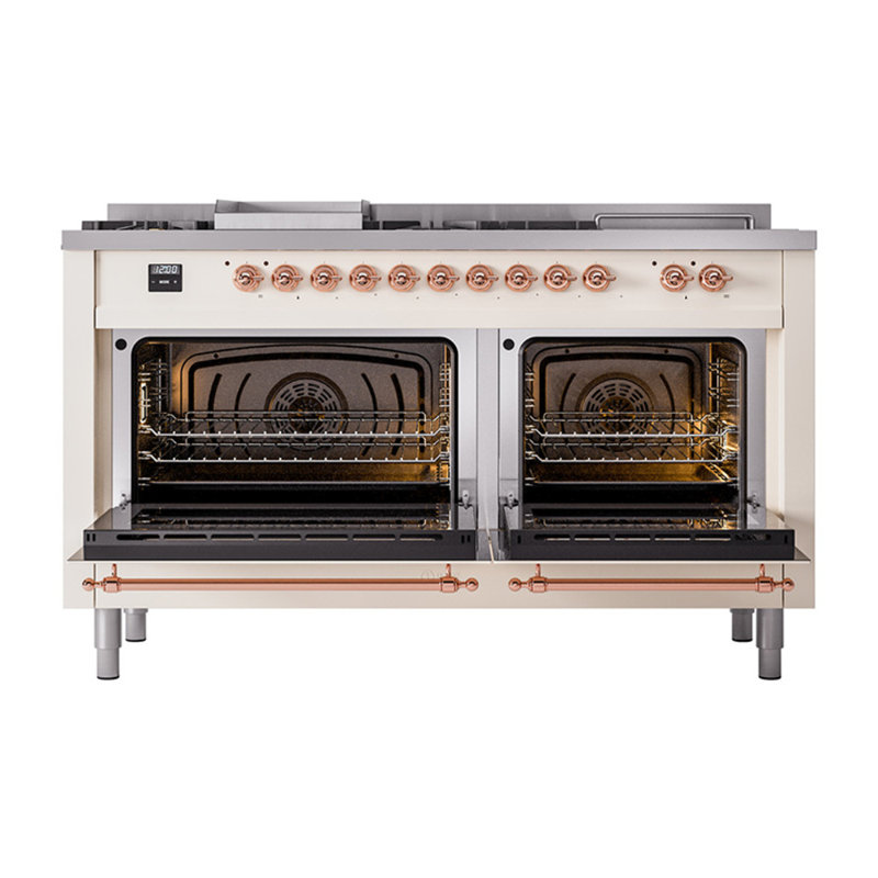 ILVE Nostalgie II Noblesse 60 in Dual Fuel Range 7 Burner, Griddle, Frenchtop, Liquid Propane, Antique White/Copper