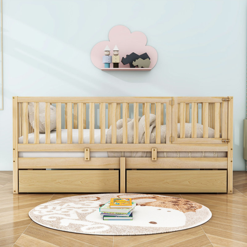 Lit de rangement en bois avec garde-corps et 2 tiroirs, Complète, Naturel
