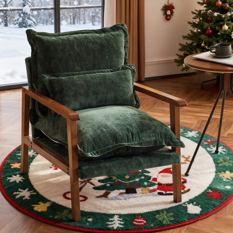 Masson Chenille Accent Chair Armchair With Pillow, Green Chenille