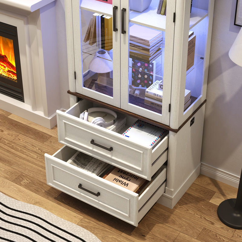 71" Display Cabinet With LED Sensor Lights & 2 Drawers, 5 Tier Bookcase Curio Storage Cabinet With Glass Doors For Office Living Room