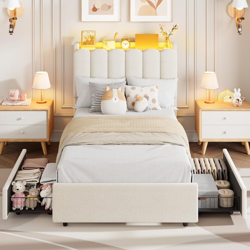 LED Twin Size Bed Frame with Storage Headboard with 2 Drawers Chic Wavy Headboard with Bookcase, Mattress Foundation with Wooden Slats Support, No Box Spring Needed